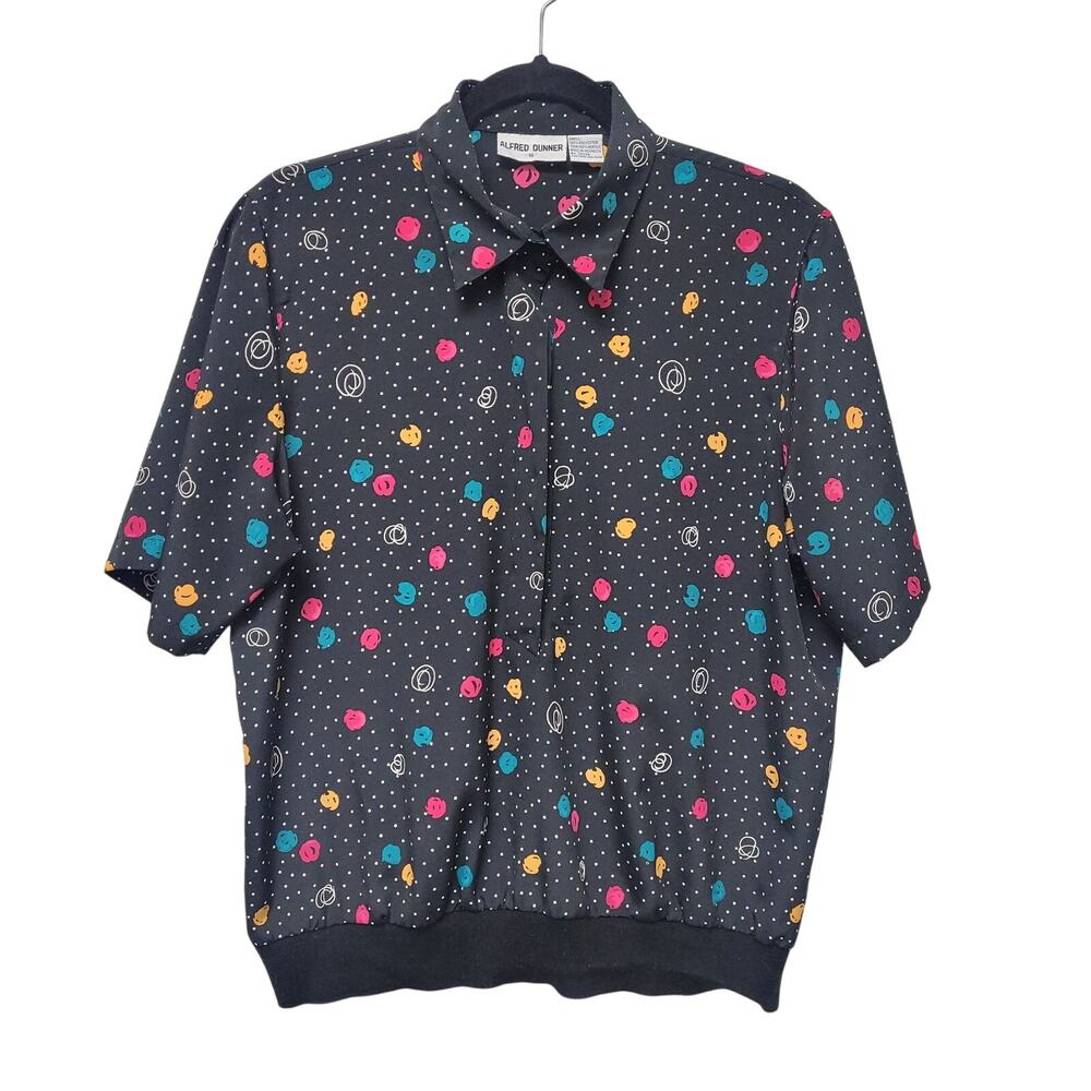 Alfred Dunner Black Colorful Dot Button Shirt Size 16 Short Sleeve Retro Artsy